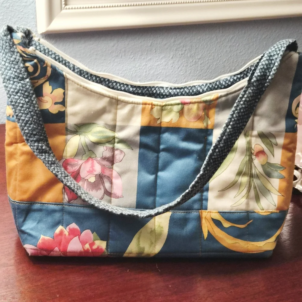 Handmade Quilted Patchwork Floral Shoulder Bag Blue Orange Cotton Hobo Tote